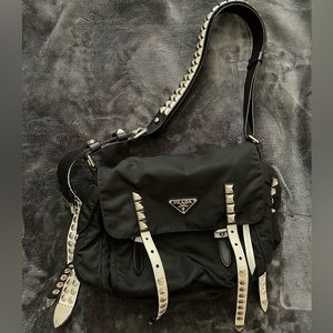 Prada nylon studded messenger bag